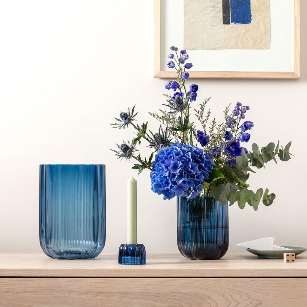Blue Glass Flower Vase 22.5cm Tall Ribbed Table Centrepiece Home Decor