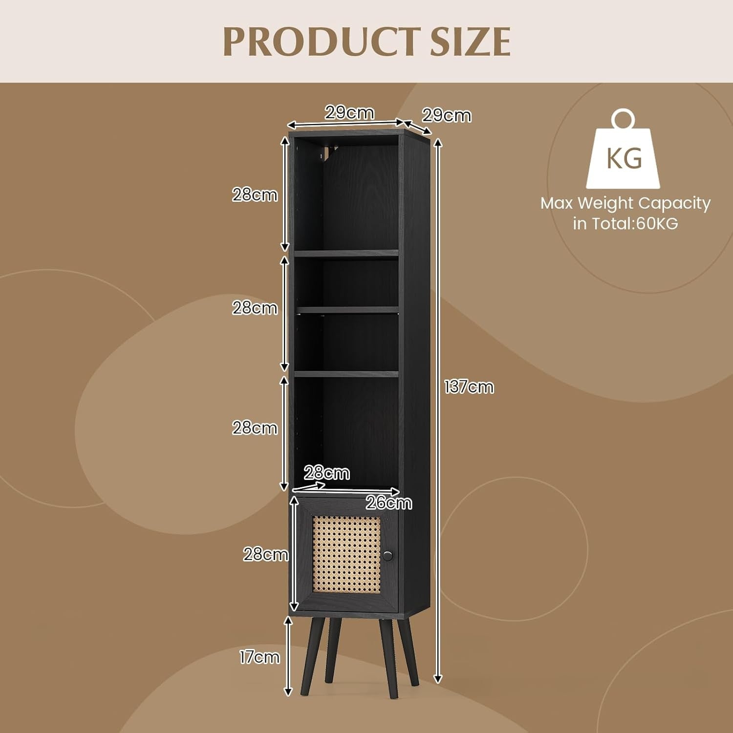Slim Tall 6-Tier Bookcase with Cabinet Modern Black Storage Shelf Unit