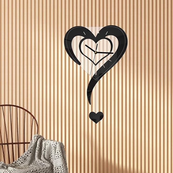 Black Heart Wall Clock Modern Silent Acrylic Hanging Décor for Bedroom Office