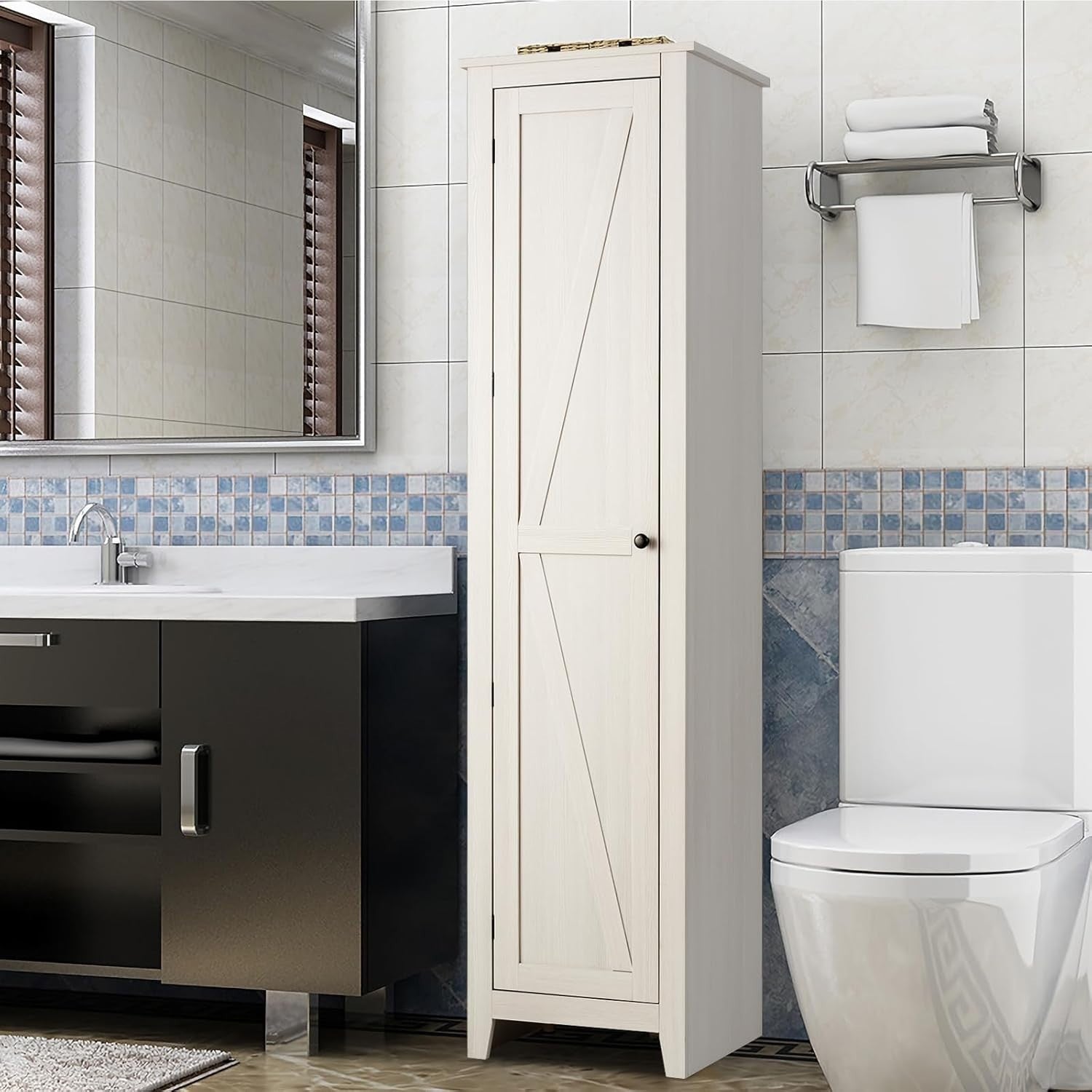 Tall Bathroom Storage Cabinet 4 Shelves, Narrow Wooden Cupboard 46x40x183cm