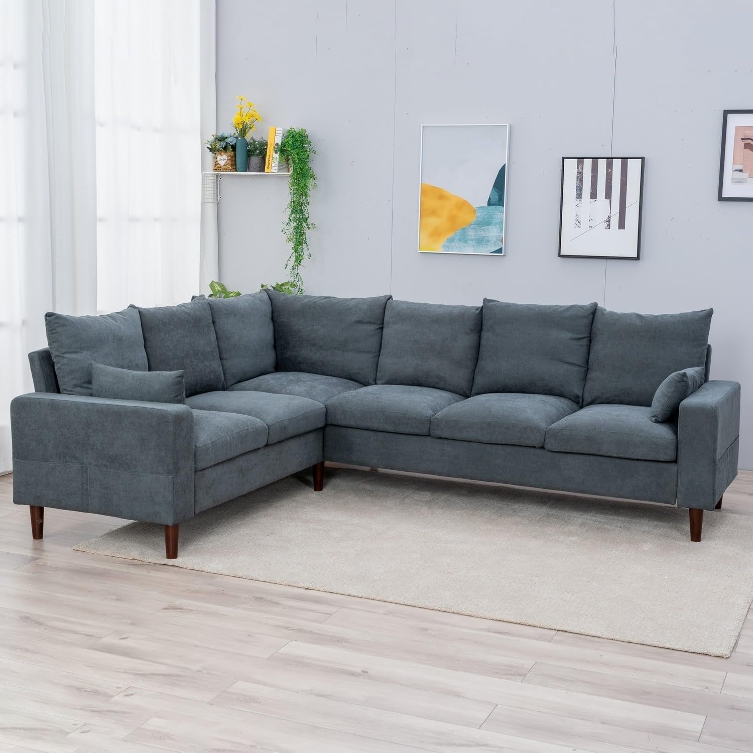 L Shape Grey Fabric Corner Sofa 6 Seater with Wood Legs Compact & Comfy