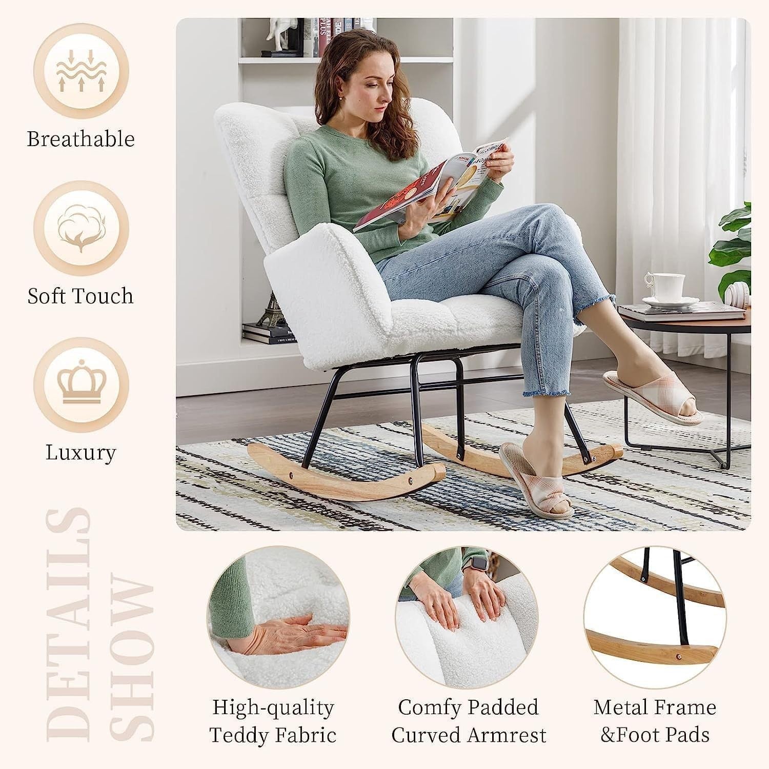 White Bouclé Rocking Chair with Arms, Comfy Sofa Accent Seat 49D x 54W