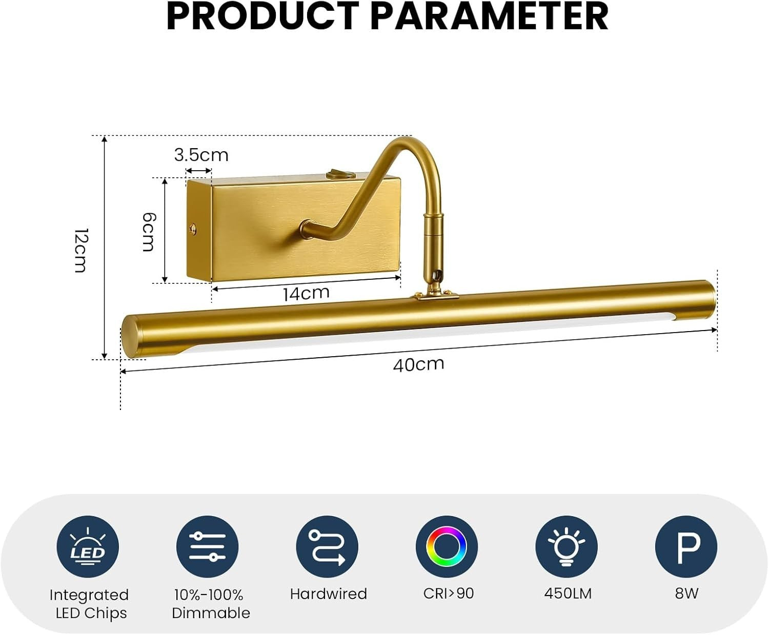 Adjustable Gold LED Picture Light 40cm | 8W Energy-Saving Wall Lamp for Art