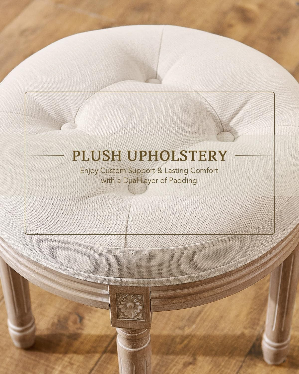 Beige French Vintage Round Ottoman Stool – Tufted 45cm Vanity Seat