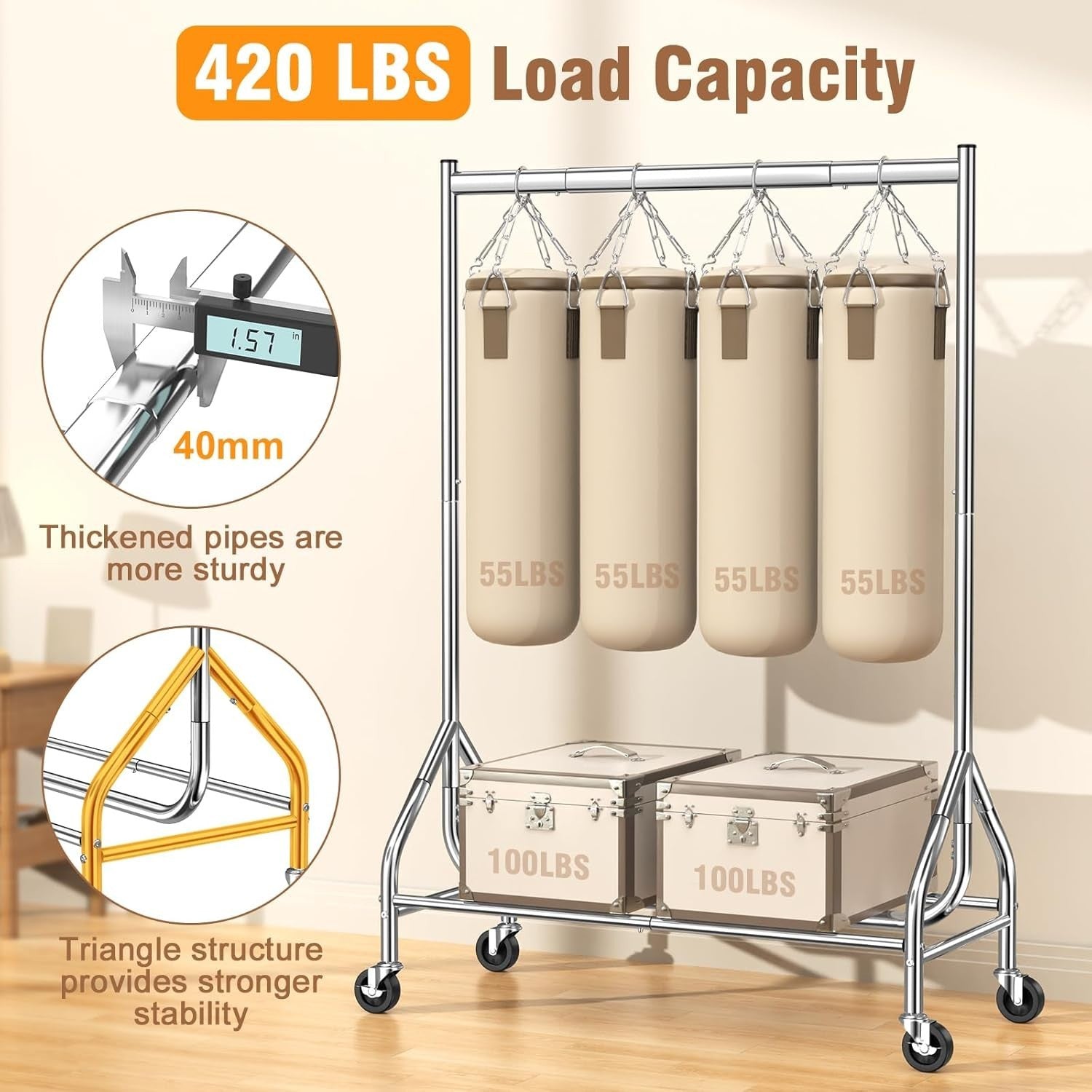 Silver Heavy Duty 180KG Clothes Rail With Wheels Metal Rack