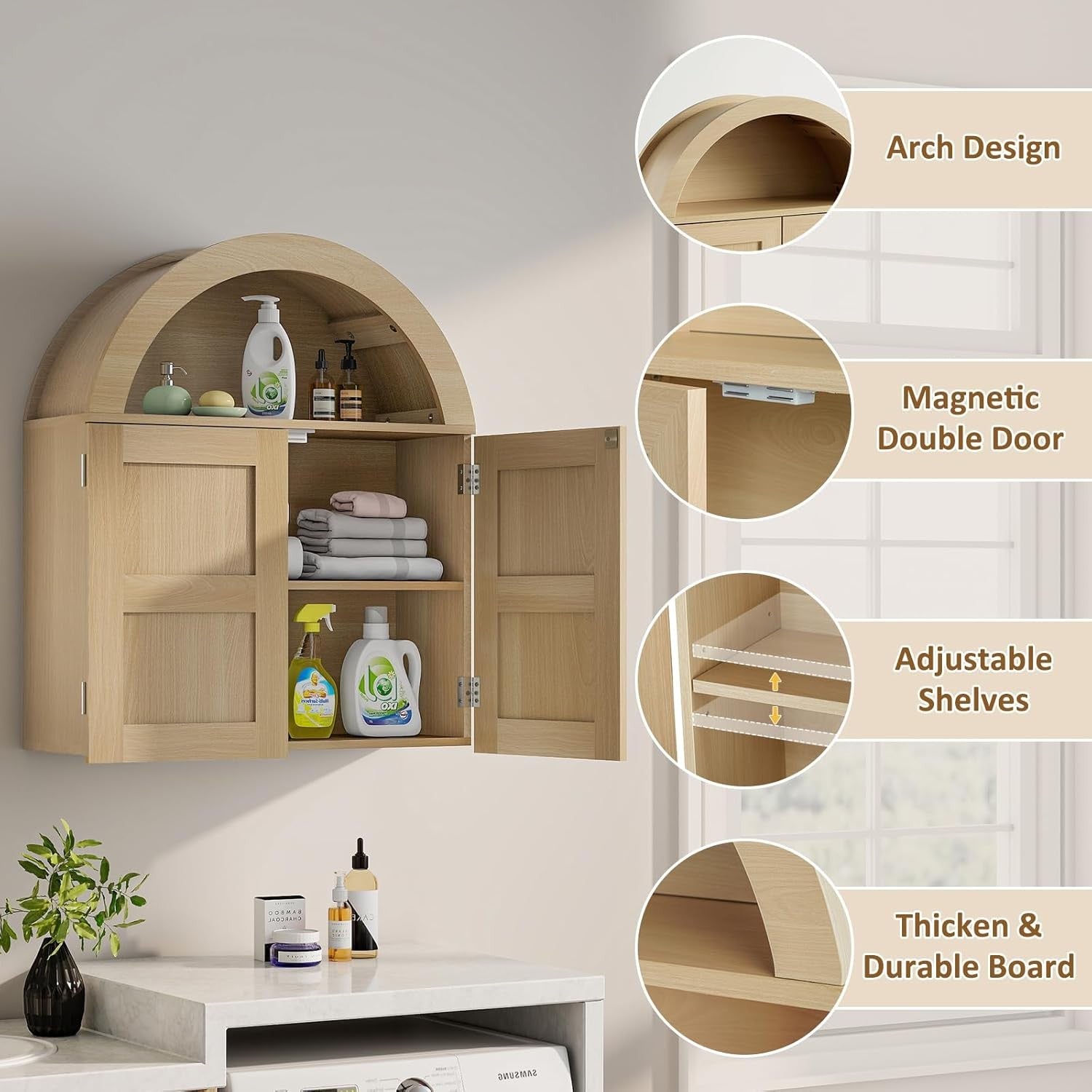 Natural Wood Wall Cabinet Bathroom Storage Cupboard with Double Doors