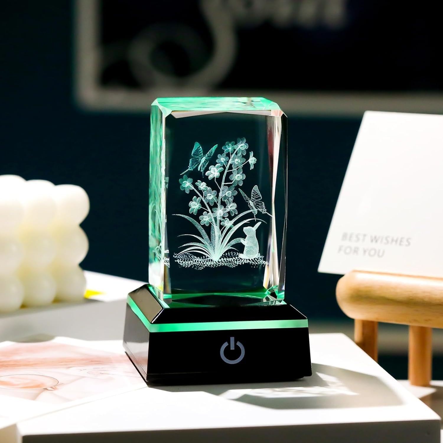 3D Crystal Flowers Rabbit LED Light Cube Gift Ornament for Women Girls Birthday