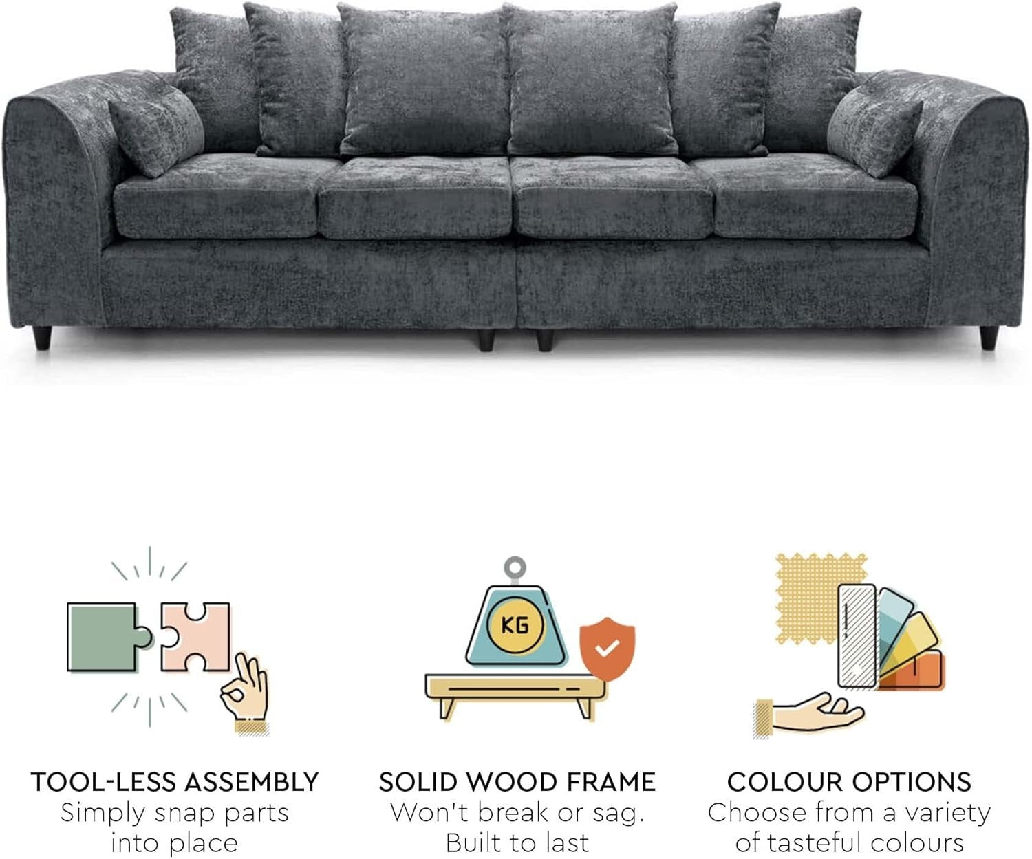 4 Seater Sofa Dark Grey Chenille Large Couch Modern Comfortable Seating
