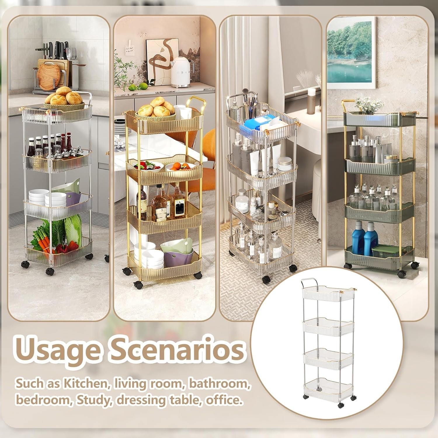 4 Tier Clear Rolling Storage Trolley Acrylic Utility Cart with Wheels