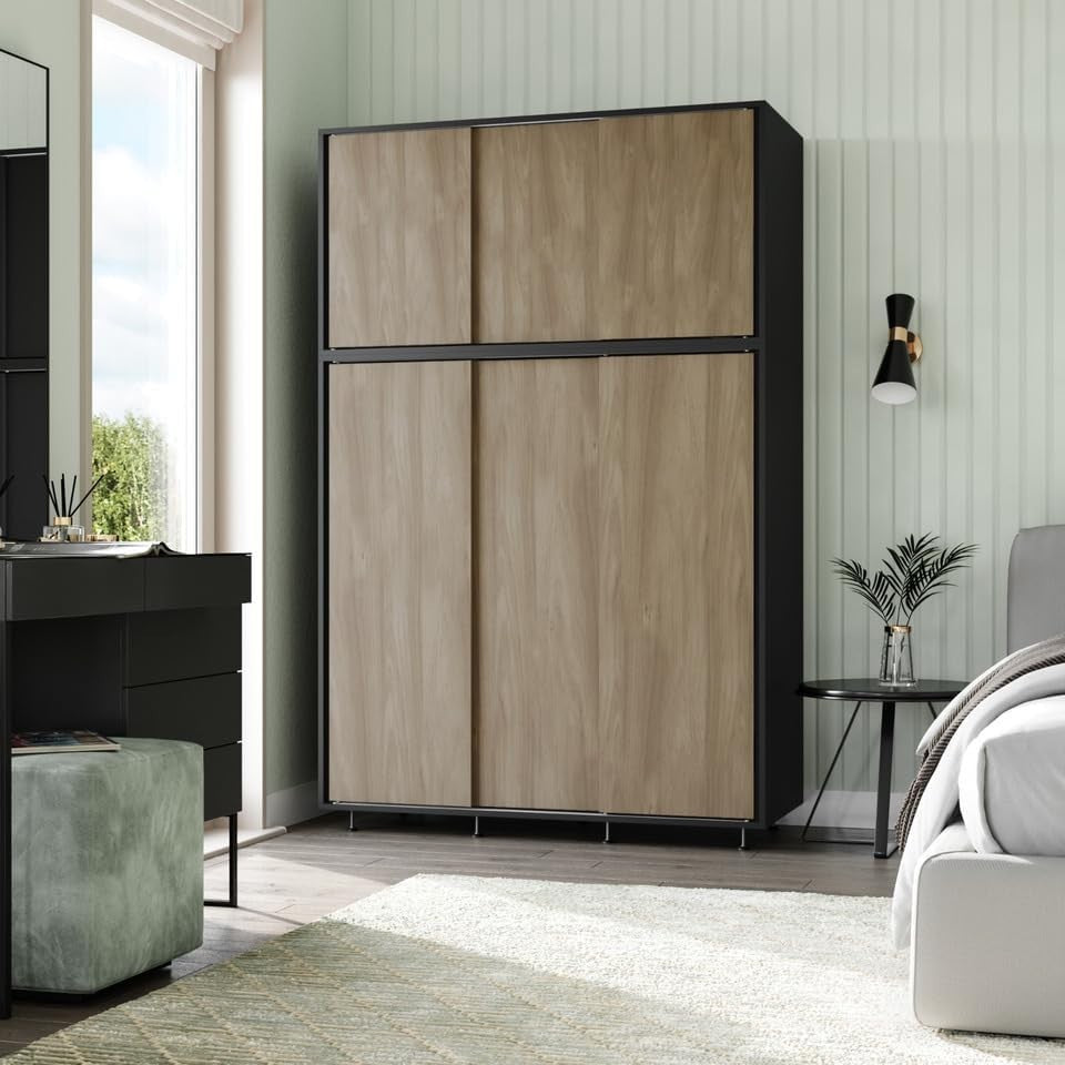6-Door Oak Sliding Wardrobe with Adjustable Feet & Spacious Bedroom Storage