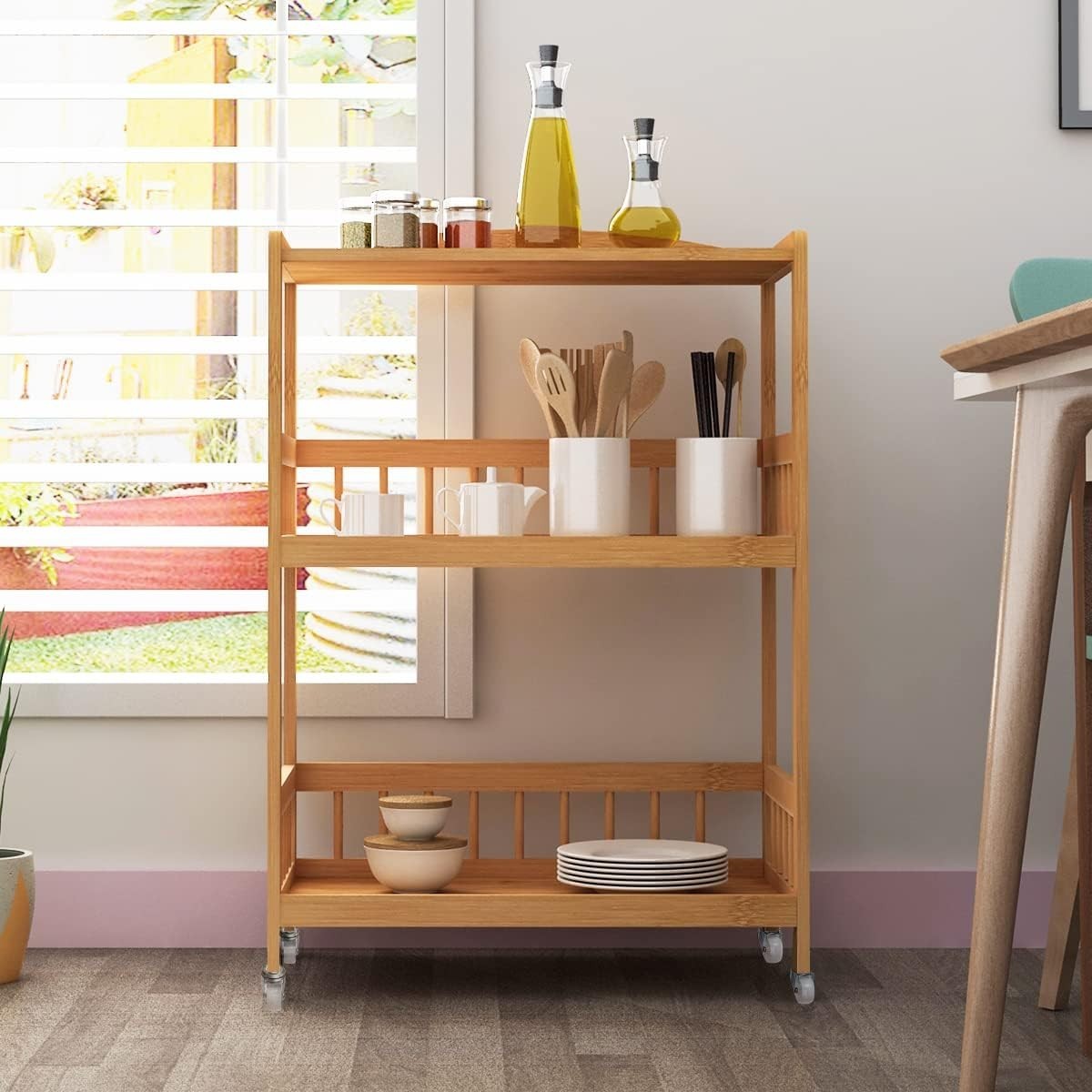 Bamboo Kitchen Trolley 3 Tier 80cm Wheels
