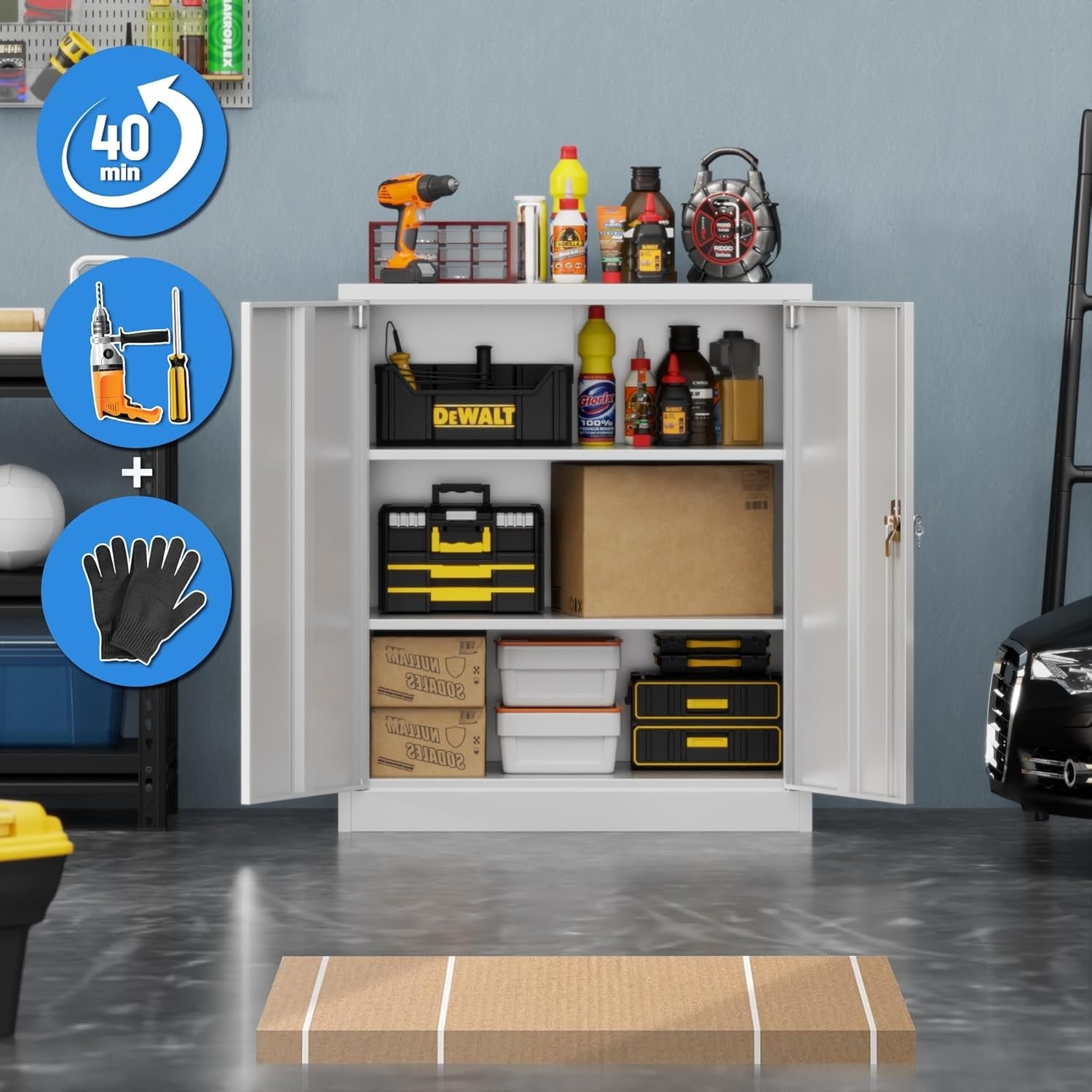 Metal Storage Cabinet  Lock Doors 2 Adjustable Shelves Office Home