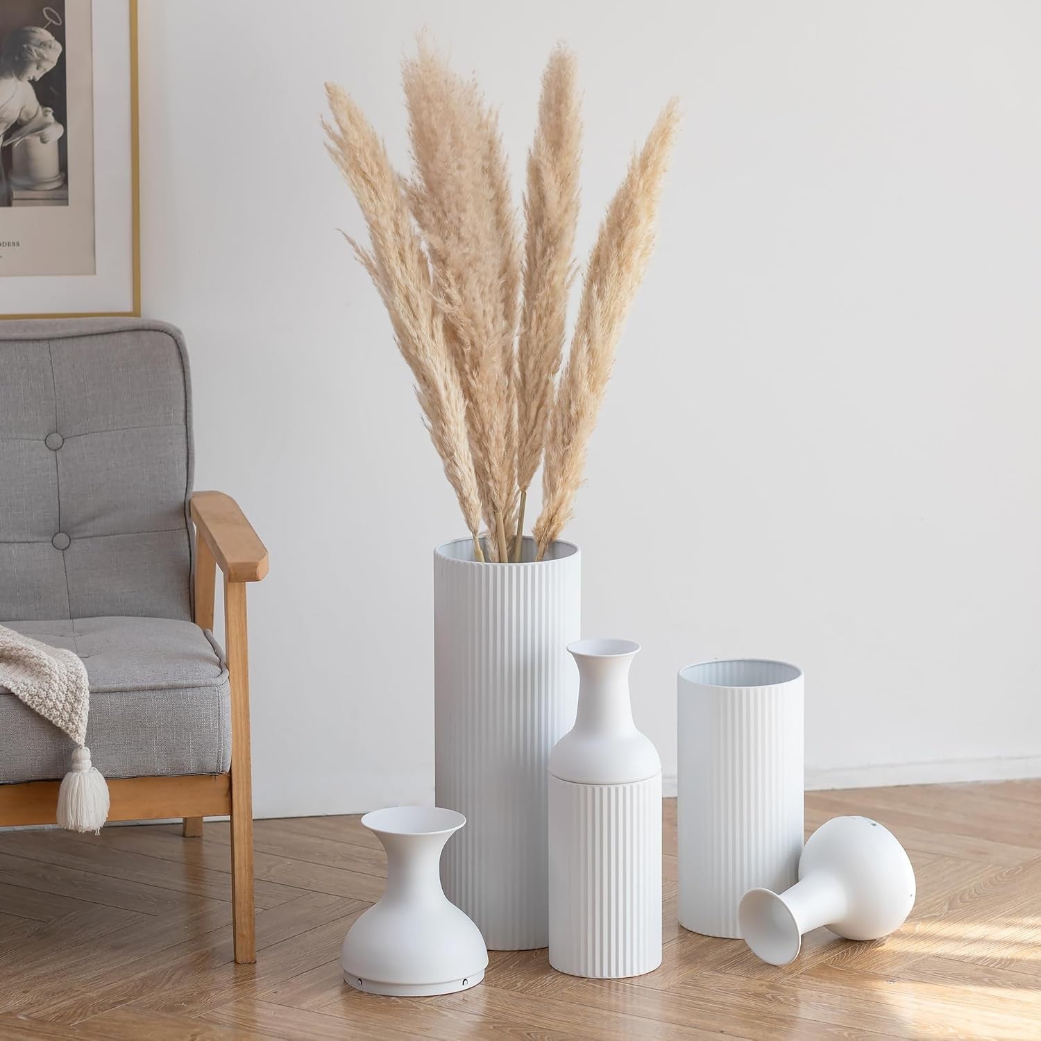 Tall White Metal Floor Vase Set Ribbed Modern Decor for Pampas Grass