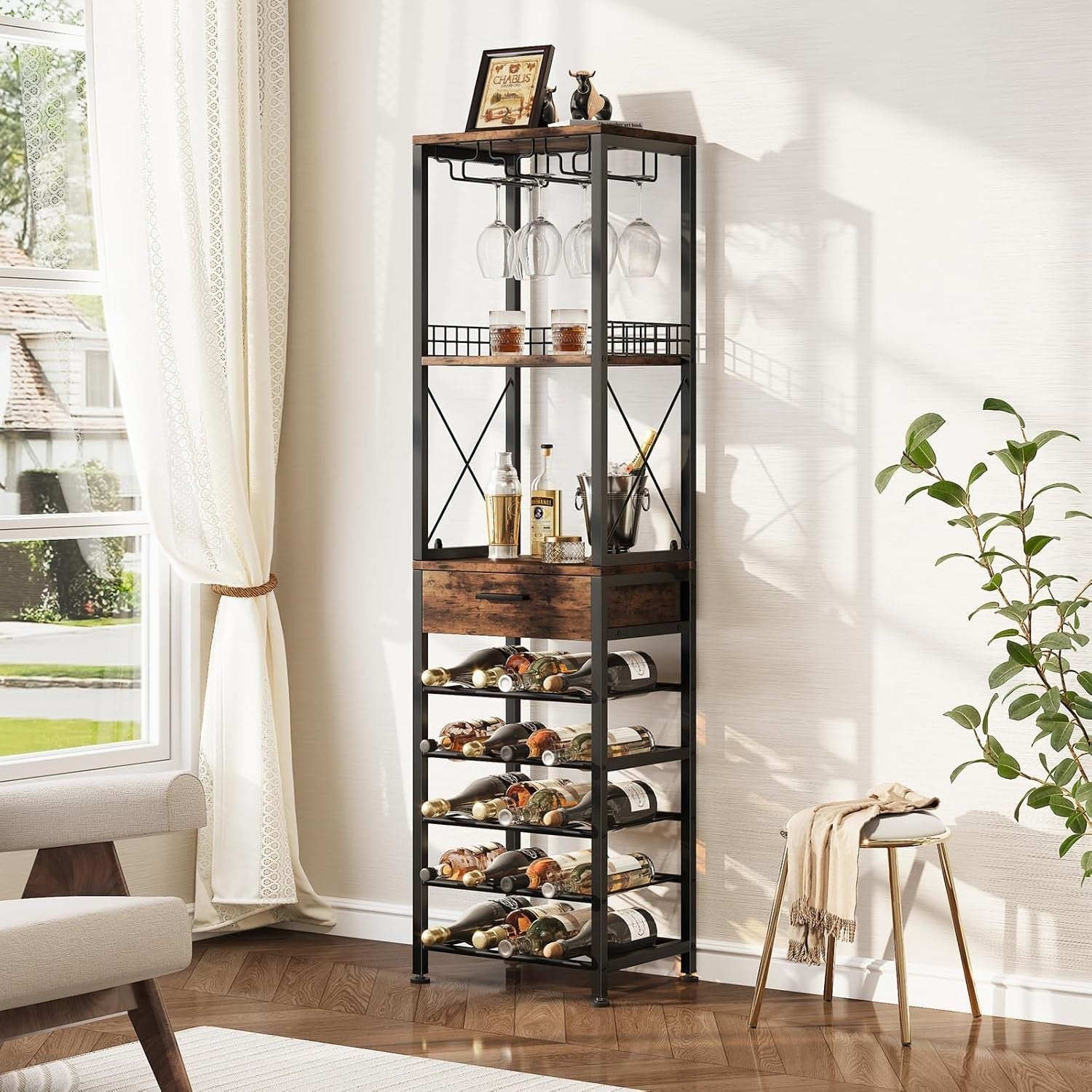 Tall Wine Rack Cabinet with Drawer & Glass Holder, 20 Bottle Storage Shelf Stand