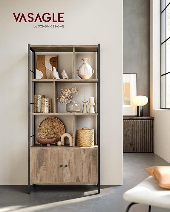 4-Shelf Industrial Bookshelf Rustic Oak Metal Wood Storage Unit with Cabinet