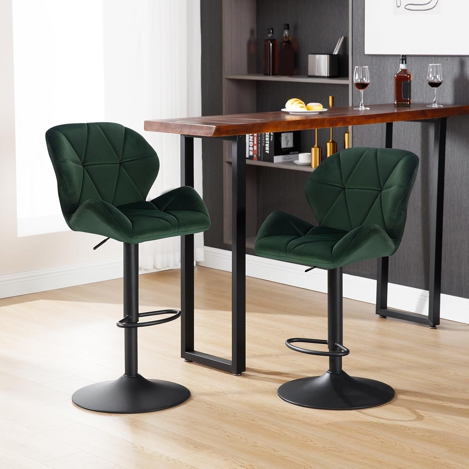 Dark Green Velvet Adjustable Swivel Bar Stool with Back Kitchen Island