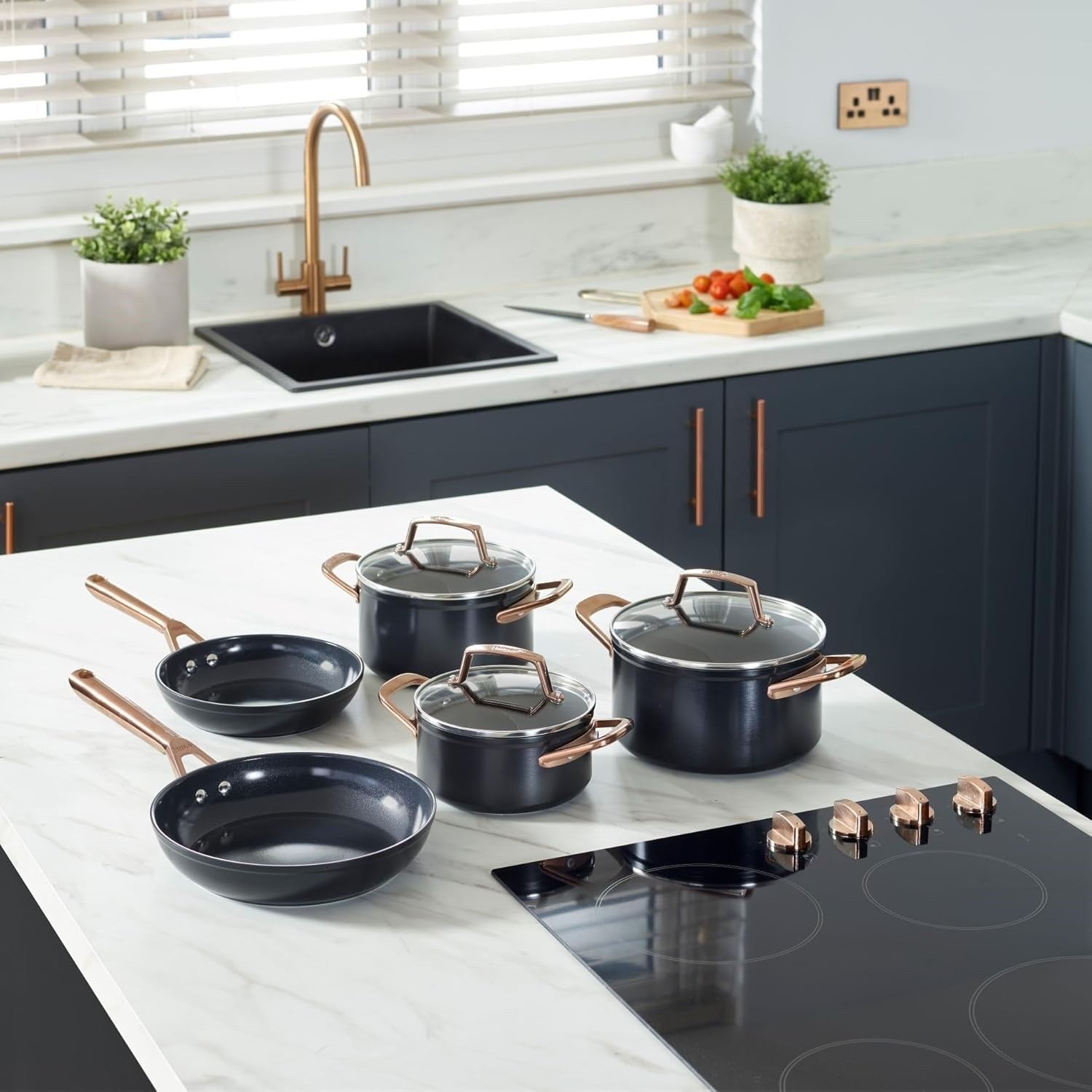 5pcs Non Stick Ceramic Cookware Set Saucepans & Frying Pans Black Copper