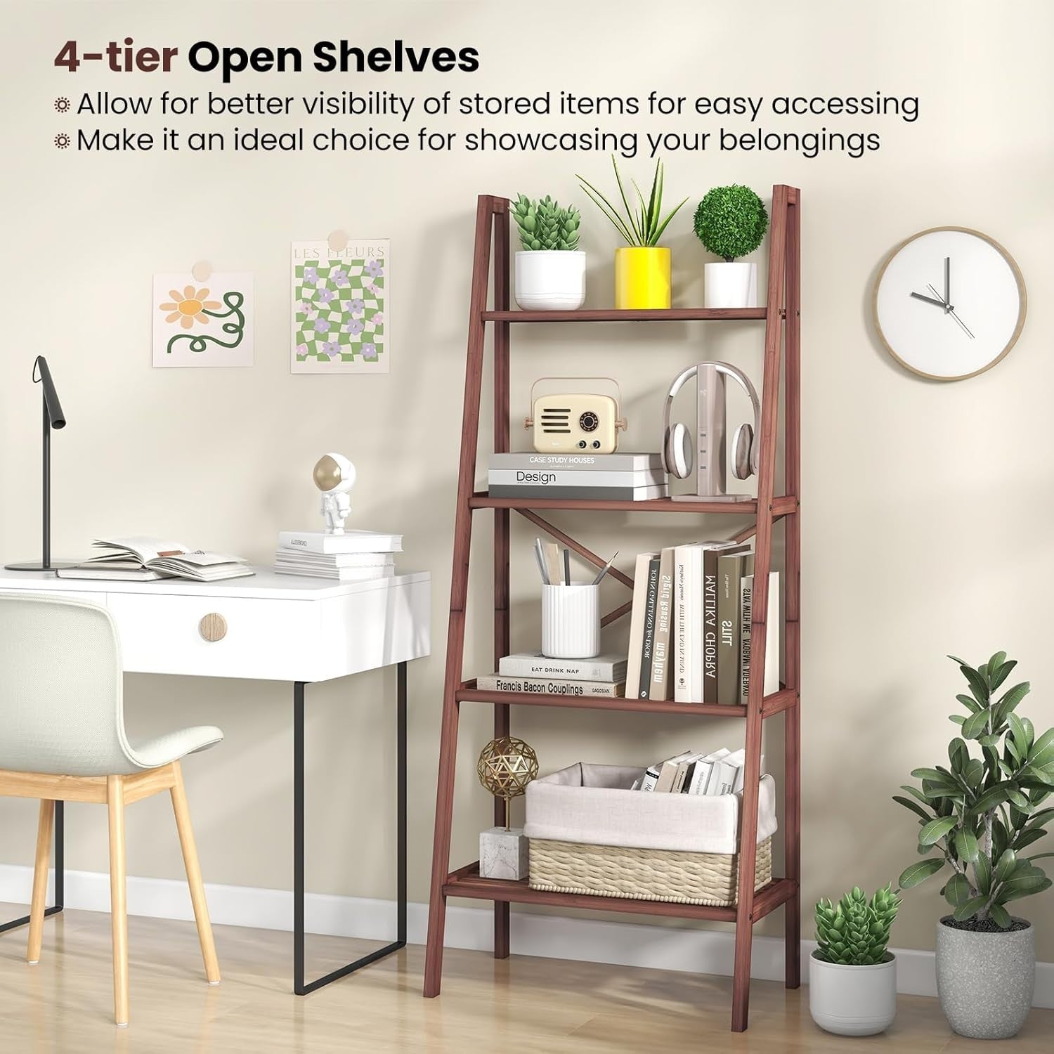 4 Tier Bamboo Ladder Bookshelf Freestanding Display Storage Shelf Walnut