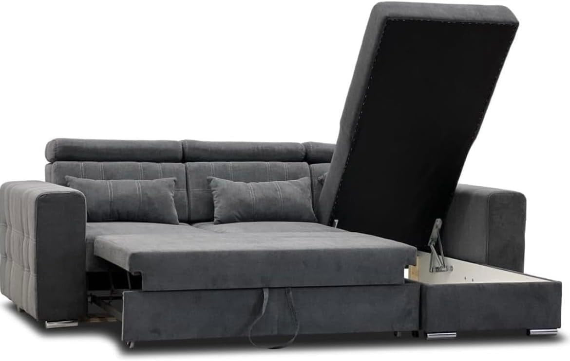 Grey L-Shaped Sofa Bed with Storage & Linen Fabric 3-Seater Sleeper Couch