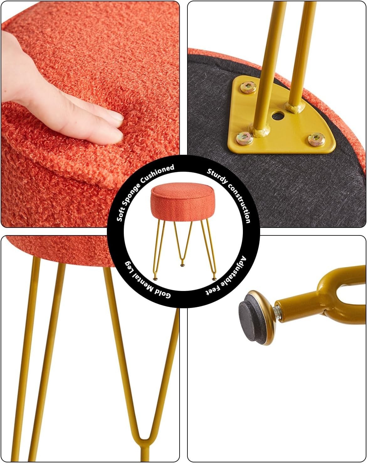 Orange Teddy Velvet Round Footrest Ottoman – Vanity Stool with Gold Legs
