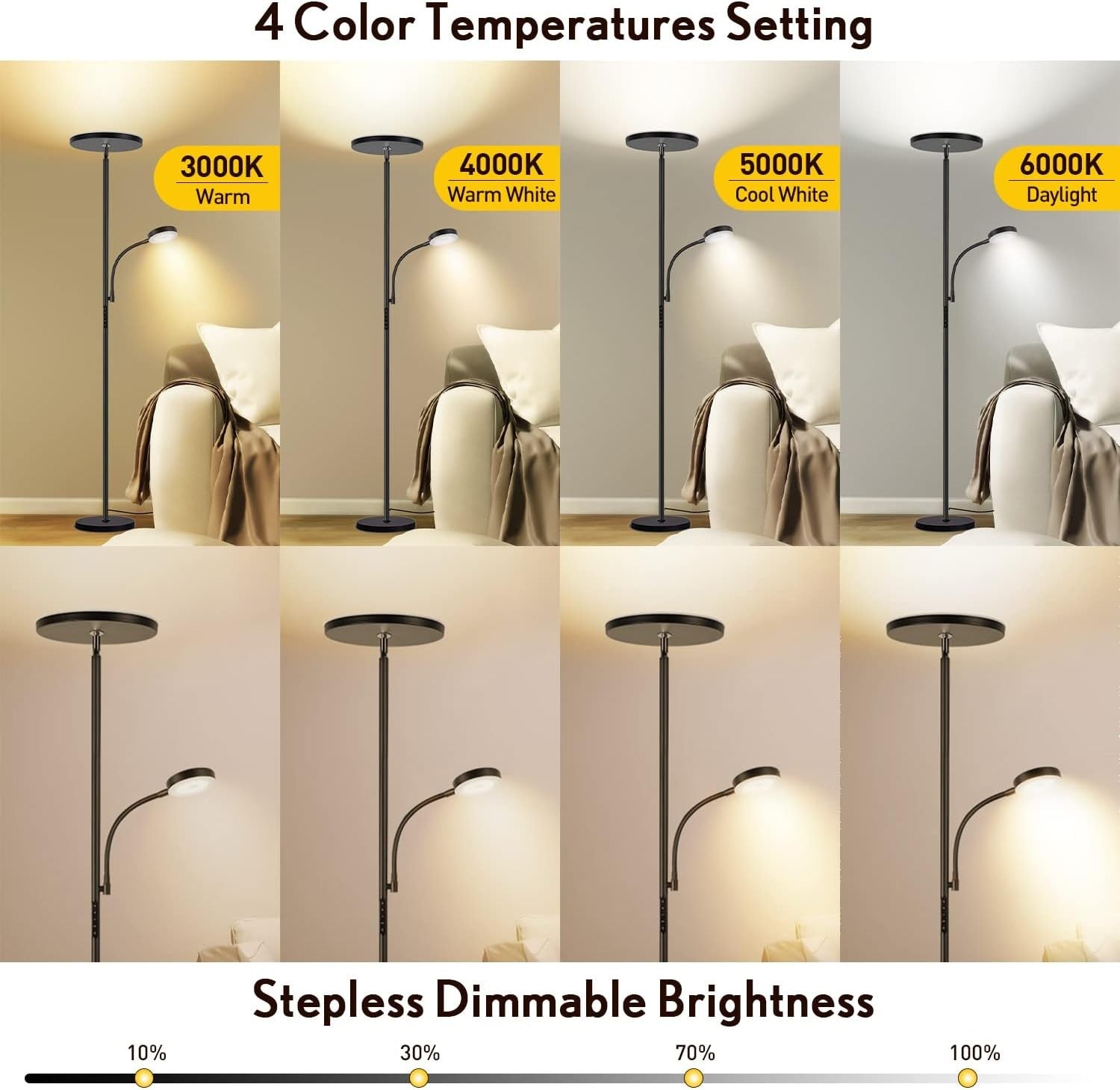 LED Floor Lamp with Reading Light Dimmable Remote Touch Uplighter Black