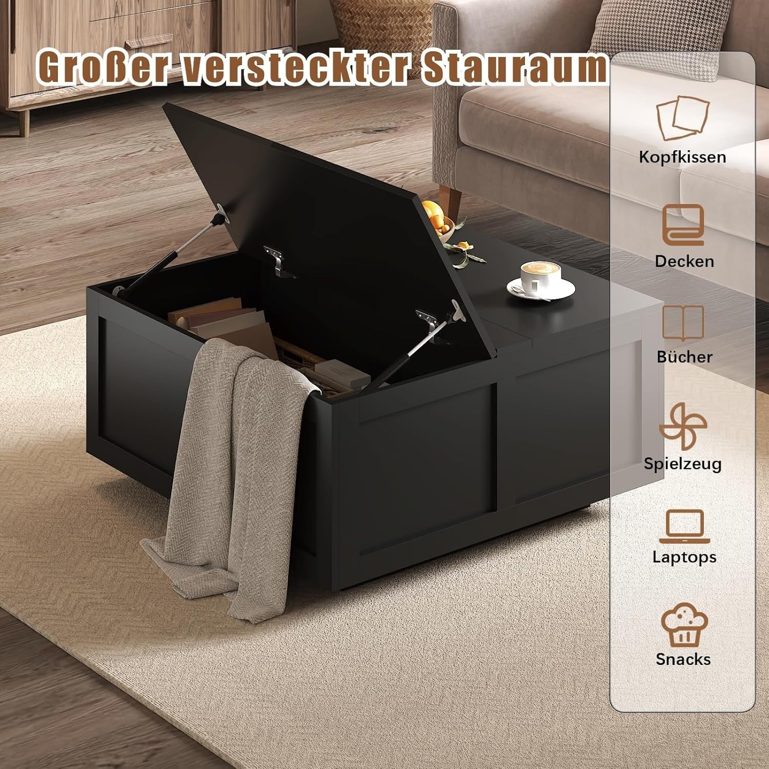 Lift Top Coffee Table with Storage, Hydraulic Lift, Hidden Compartments, Black