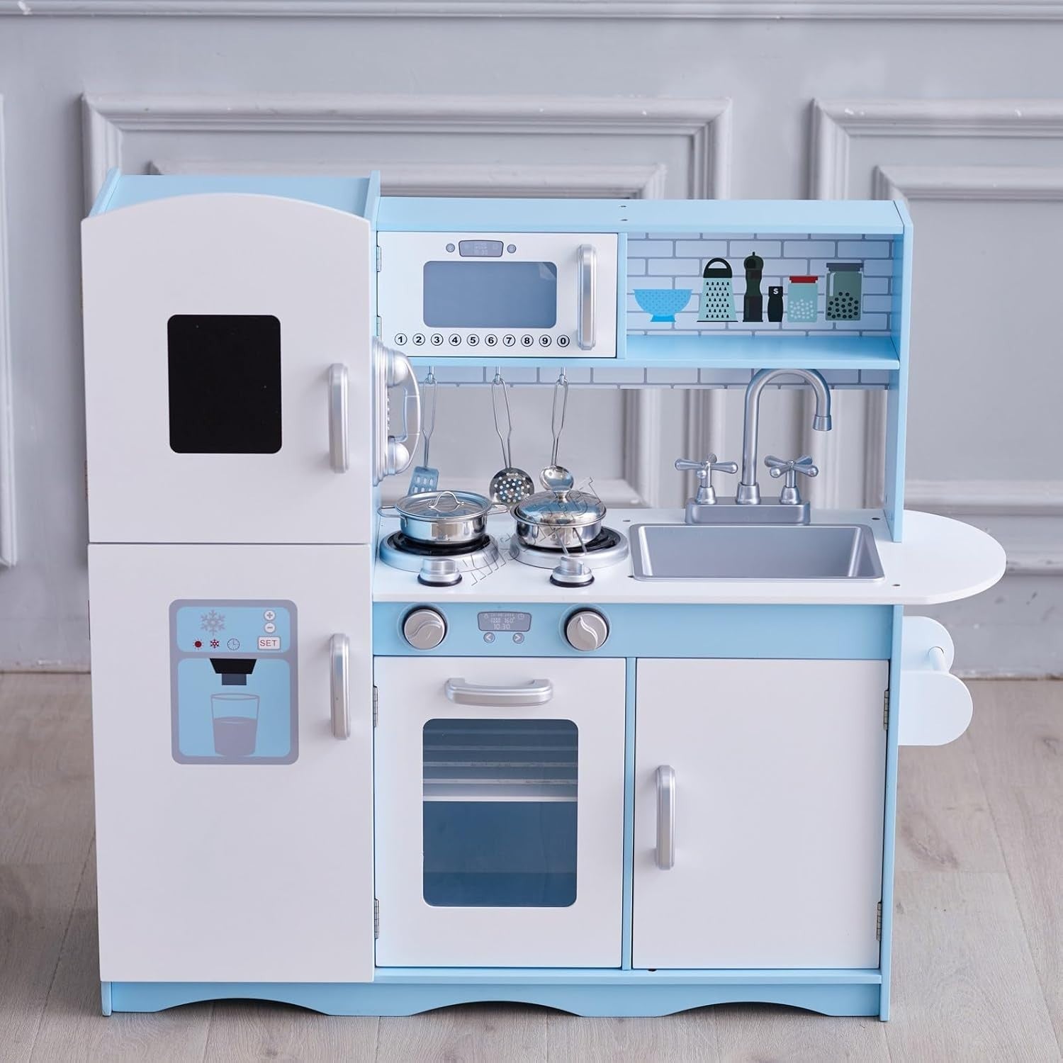 Wooden Kids Play Kitchen Role Play Cooking Toy Set Blue Accessories