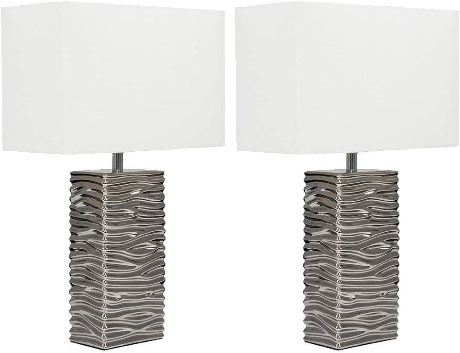 Modern Ceramic Table Lamps with Ripple Effect & White Shade, Pair