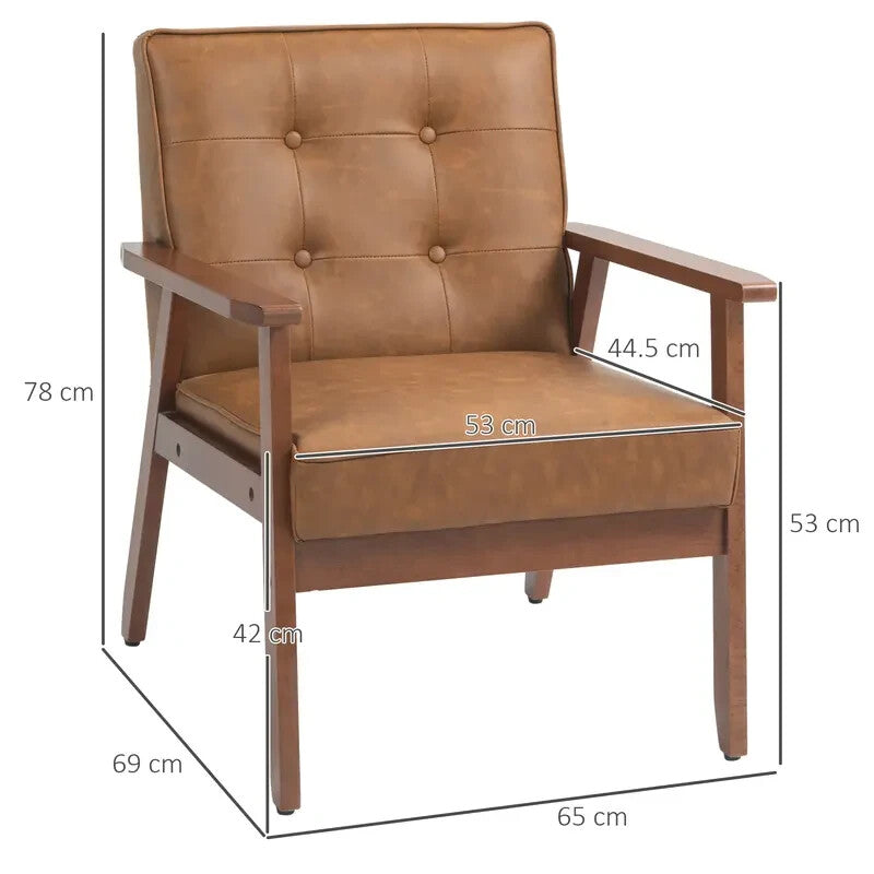Brown PU Leather Armchair Retro Accent Chair with Wooden Frame 200kg
