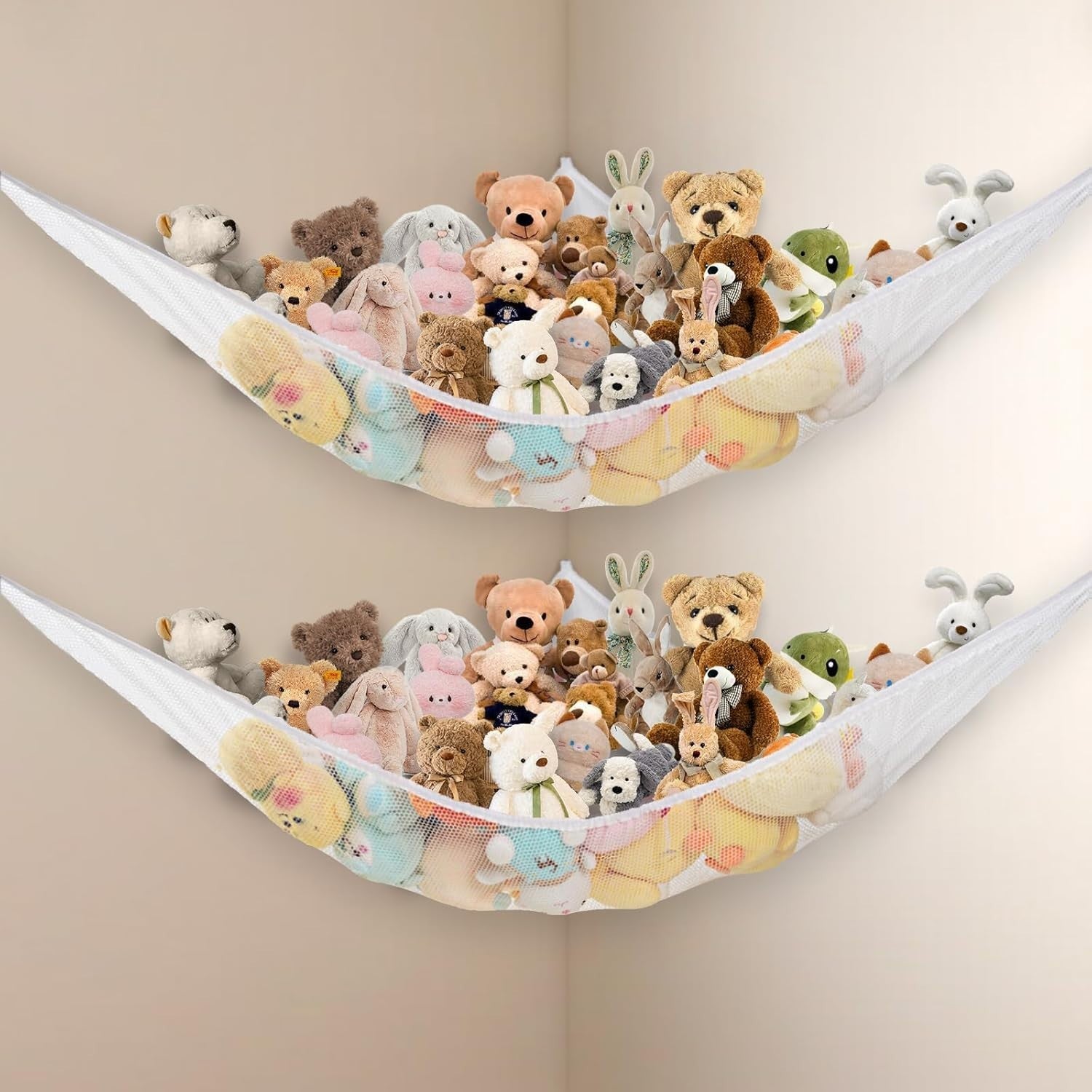 2 Pack White Toy Hammock – Extra Large Stuffed Animal Storage Net for Corner
