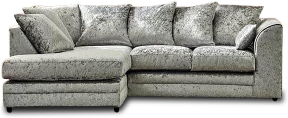 Silver Crush Velvet Left Hand L-Shaped Sofa – Foam Filled, Fire Resistant