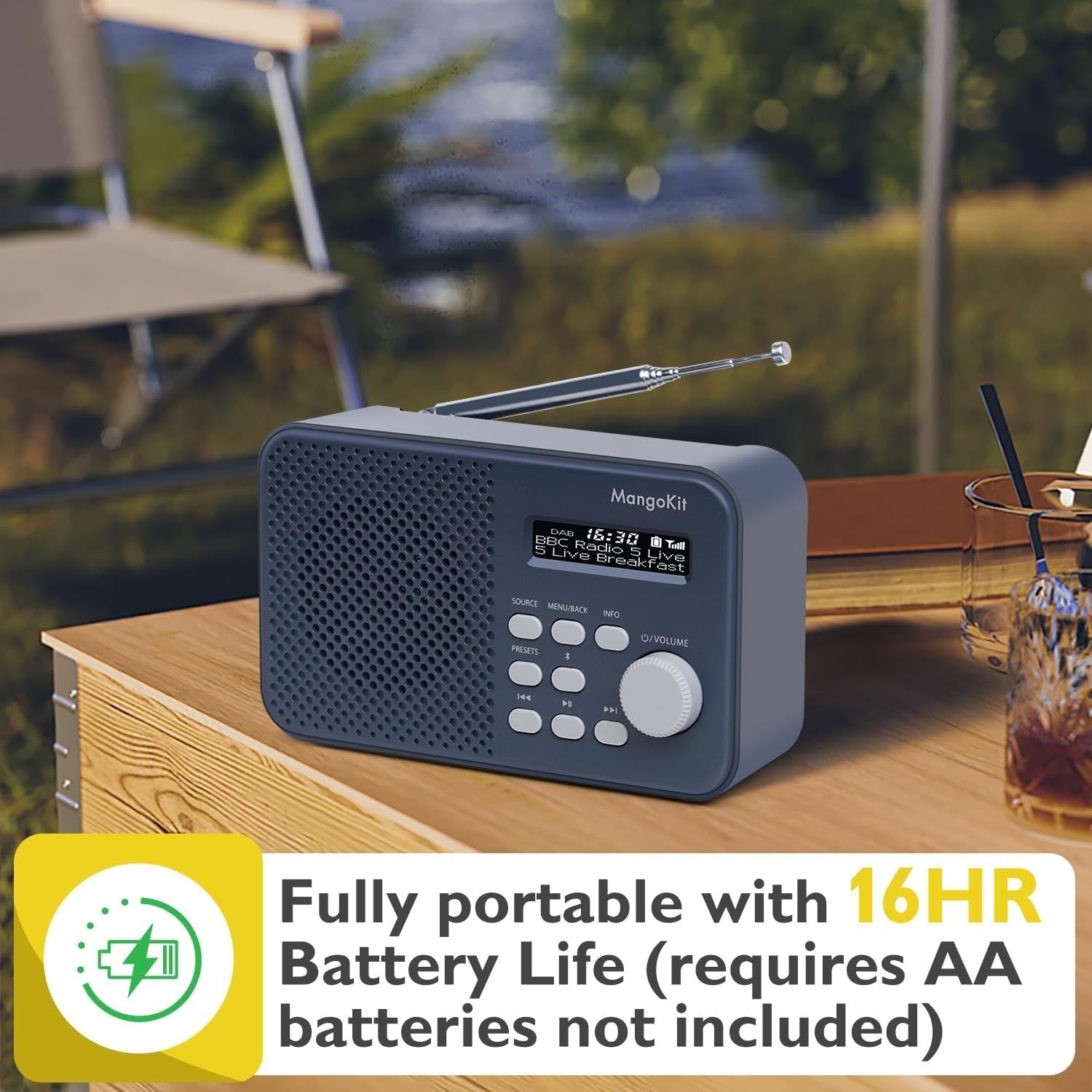 Portable DAB DAB+ FM Radio Bluetooth Kitchen Alarm Dark Grey