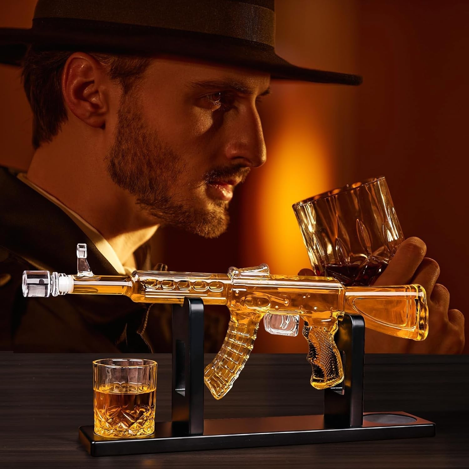 AK47 Whiskey Decanter Set with Stand & 2 Glasses – 1000ml Novelty Liquor Dispens
