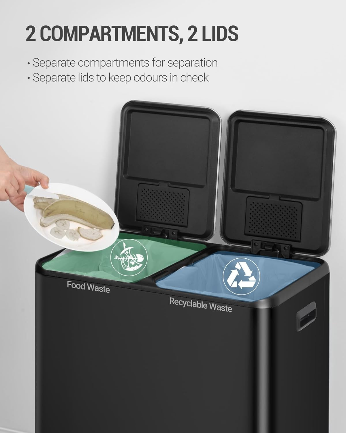 60L Double Kitchen Recycling Bin | 2 x 30L Stainless Steel Pedal Bin Black