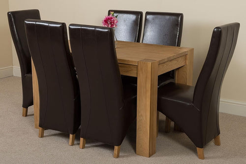 Oak Dining Table Set 6 Brown Leather Chairs Small Solid Wood Kitchen