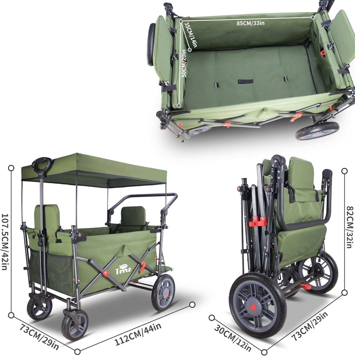 Folding Wagon w/ 2 Seats Canopy 120kg Load Garden Cart Brake Large Storage Green