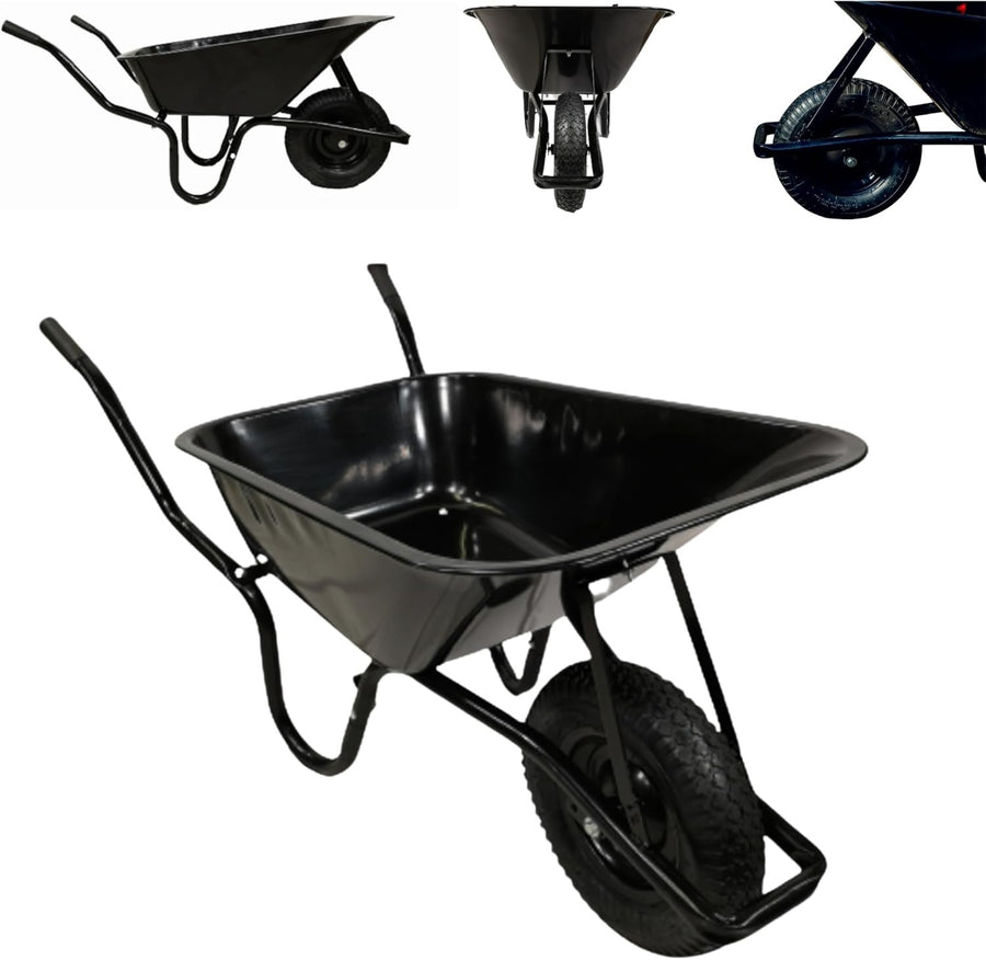 90L Heavy Duty Wheelbarrow Black – Galvanised Steel Tray w/ Pneumatic Tyre 150kg
