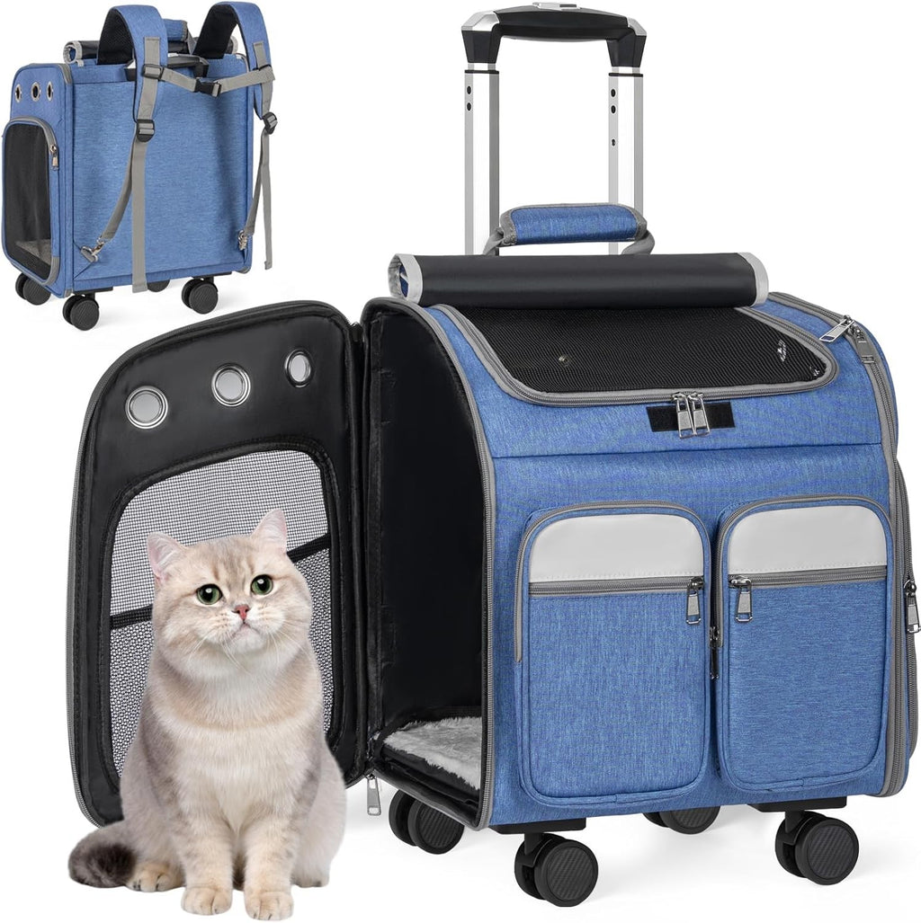 Cat Carrier with Wheels 3-in-1 Backpack Trolley Travel Bag Blue
