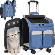 Cat Carrier with Wheels 3-in-1 Backpack Trolley Travel Bag Blue