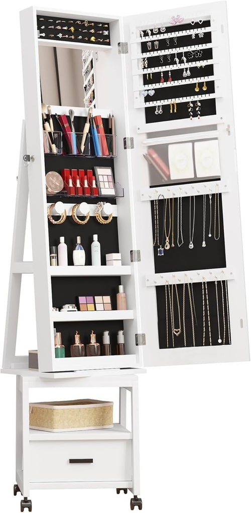 White 360° Rotating Jewellery Cabinet Full Length Mirror Lockable