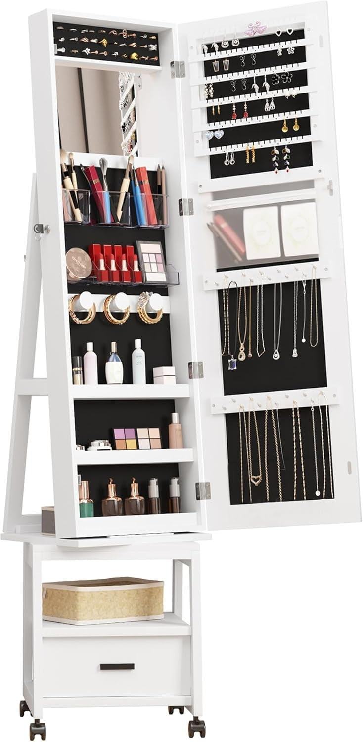 White 360° Rotating Jewellery Cabinet Full Length Mirror Lockable
