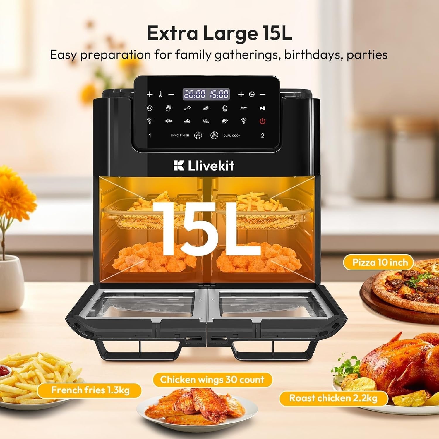 Dual Zone Air Fryer Oven 15L Rotisserie Sync Finish 12-in-1 2600W Window