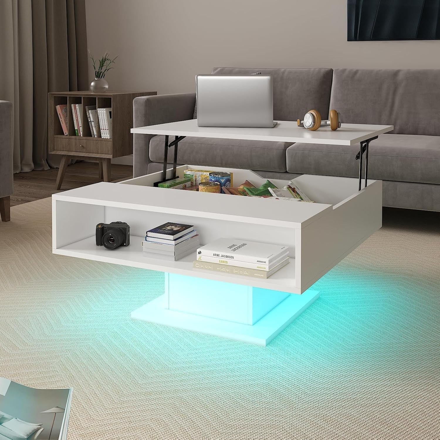 LED Lift Top Coffee Table with Storage 78x78cm – White Square Modern Design