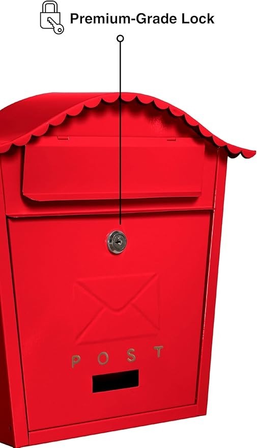 Lockable Wall Mounted Mailbox Cast Iron Waterproof Post Box Red Secure Outdoor