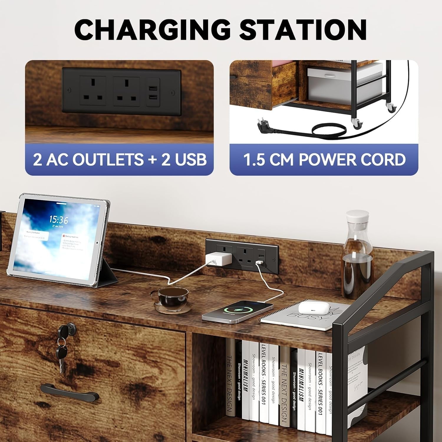 Rustic Mobile File Cabinet w/ Power Outlet Lockable Drawers Printer Desk