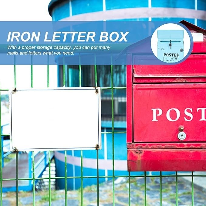 Wall Mount Lockable Mailbox Blue Iron Vintage Outdoor Post Box 30x22x7cm
