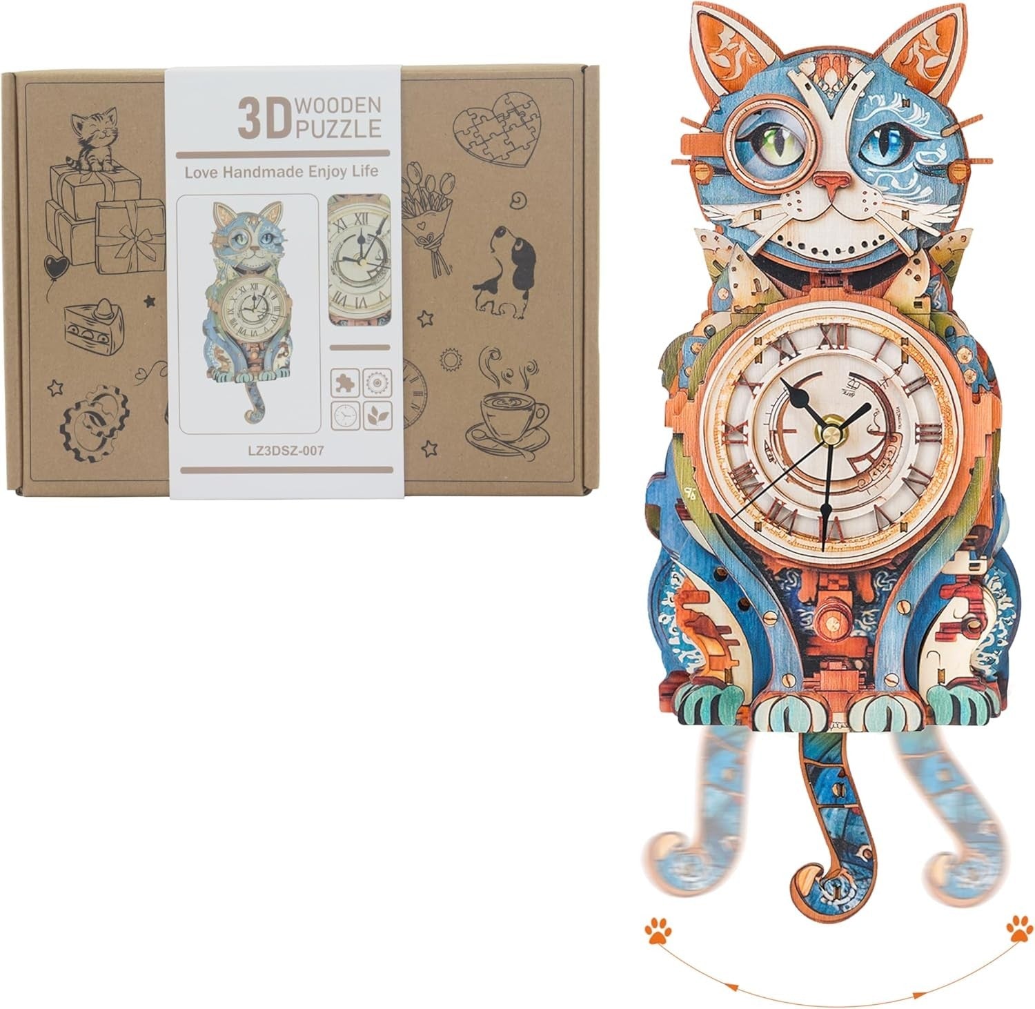 3D Detective Cat Clock Puzzle Wooden Pendulum Wall Decor DIY Kit