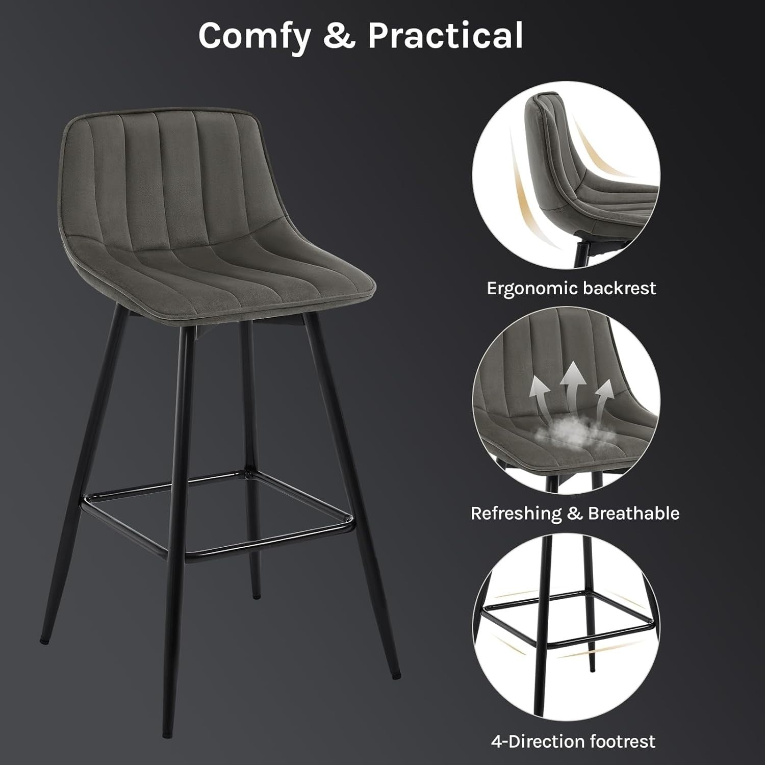 Contemporary Velvet Bar Stools Set of 2 Dark Grey Metal Kitchen Chairs