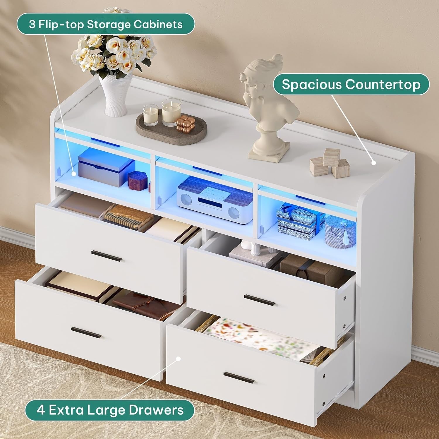 White 7 Drawer RGB LED Chest Storage Unit for Bedroom Kids Gaming Setup