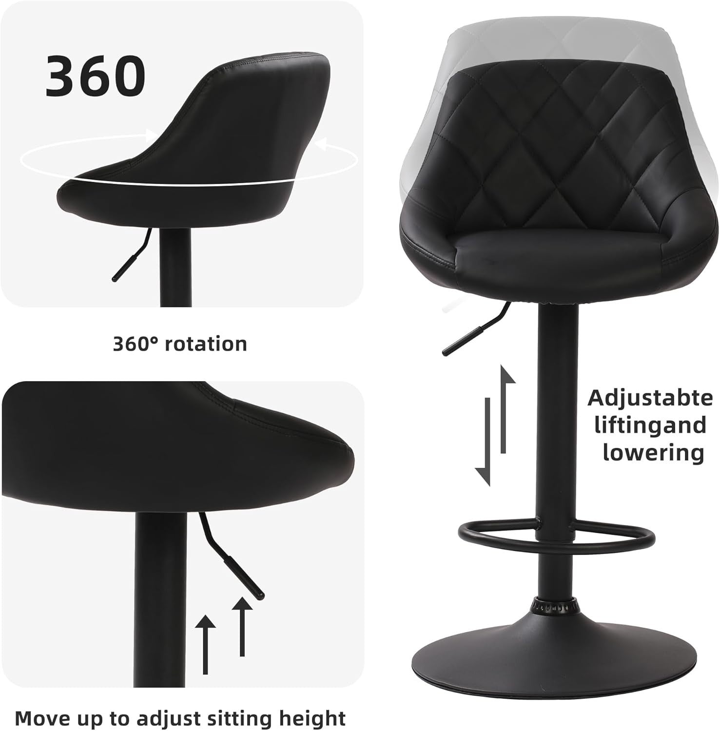 Adjustable Modern PU Leather Bar Stools with Footrest & Swivel – Black